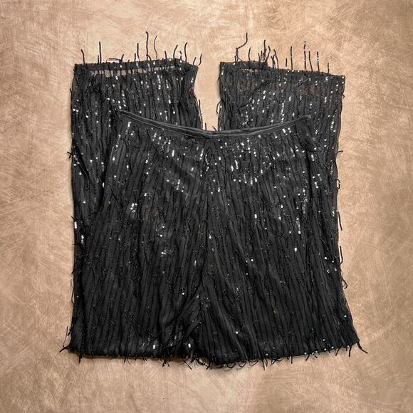 Black Sequin Fringe Sparkle Pants Straight Leg Mesh Party Disco Formal Western - Picture 4 of 8